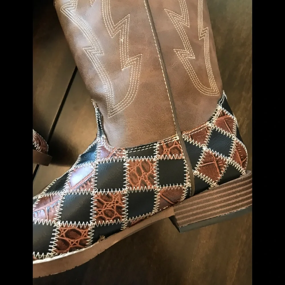NEW Double Barrel Patchwork Boots with Square Toe - Picture 2 of 9